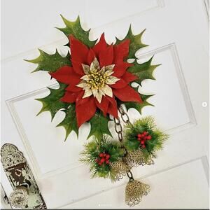 Vintage Christmas Wall Decor Flocked Plastic Poinsettia Bells Holly Berries